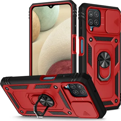 Image de Étui pour Samsung Galaxy A12 avec protection coulissante de l'appareil photo, résistant aux chocs, avec porte-anneau, support et porte-cartes Rouge