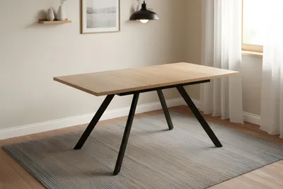 Produktbild von Esszimmertisch Meryl | Holz Eiche | ausziehbar 120–160 × 80 cm | 30mm Tischplatte | rechteckig | modernes Metallgestell