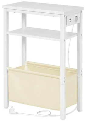 Image de Table d'appoint avec station de recharge, table de chevet avec espace de rangement, table basse avec prise électrique et ports USB, blanche, 40x20x60 cm