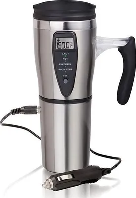 A silver travel mug with a digital display and a car charger.