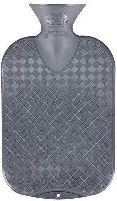 A gray hot water bottle is shown against a white background.