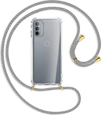 Produktbild von Handykette Backcover-Schutzhülle mit Band (Metall goldfarben) für Motorola Moto G31, Moto G41 - weiß/grau kariert