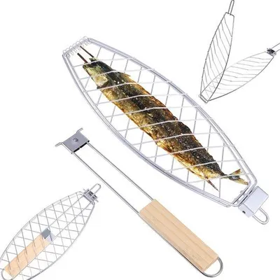Image de Panier à grillades en fer, panier à grillades pliable avec poignée en bois