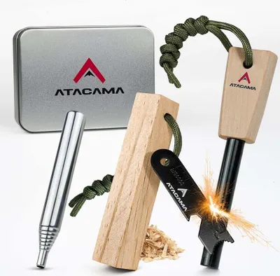 A survival fire-starting kit is displayed against a white background, showing its components and a demonstration of its use.