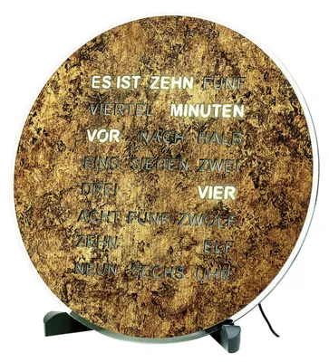 Produktbild von AMS T1293 Tisch- und Wanduhr mit LED-Wortuhr in goldbrauner Wurzelstruktur