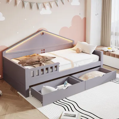 Productafbeelding van Babybed 90 x 200 cm met LED-lichtbalk, 2 lades, lattenbodem, kinderbed, éénpersoonsbed, ruimtebesparend, grijs