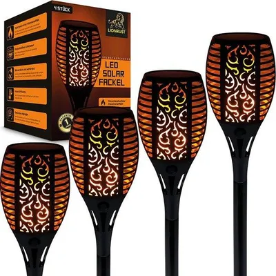 Produktbild von Unyqoos® Solar-Gartenfackeln 4er-Set – wetterfeste Solarfackeln mit realistischem Flammenlicht, polykristallines Solarpanel, bis zu 12 Std., kindersicher