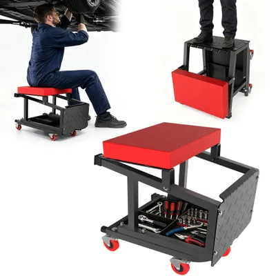 Produktbild von ROSEJANE 2-in-1 Werkstatt-Rollhocker mit Trittstufe, Werkzeugablage, gepolstertem Sitz und 360° Rollen, bis 150 kg