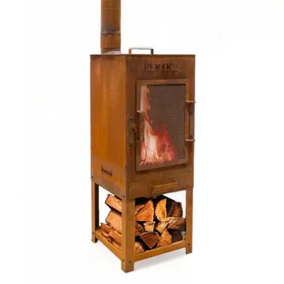 Produktbild von VIK Hera Gartenkamin Original – Outdoor Kamin aus Stahl mit Schornstein, Grillrost & Wokring, Terrassenofen / Holzofen mit Holzlager für Garten