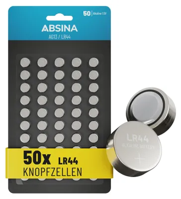 Immagine prodotto di ABSINA 50x AG13 LR44 a bottone 1,5V - Pile alcaline a bottone a prova di perdite e a lunga durata - LR1154 L1154 G13 157