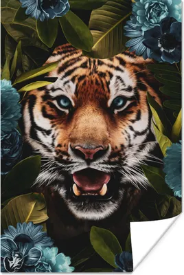 Produktbild von MuchoWow® Poster Tiger - Blätter - Blau 120x180 cm - Kunstposter
