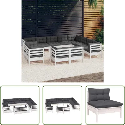 Produktbild von The Living Store 12-tlg. Garten-Lounge-Set mit Kissen Weiß Massivholz Kiefer