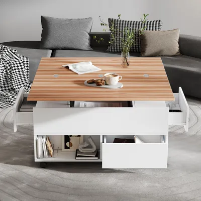 Produktbild von Couchtisch 100 x 50 x 52 cm, 100% Spanplatte, Weiß + Holzfarbe, höhenverstellbarer Couchtisch mit Stauraum und 4 Schubladen