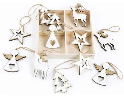 Produktbild von 12 Holzanhänger Weihnachten Baumschmuck weiß gold