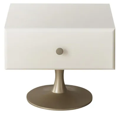 Immagine prodotto di Comodino moderno bianco, in legno e metallo, con dettagli dorati e cassetto