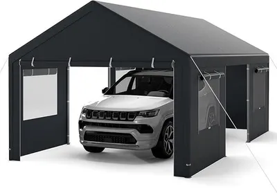 Produktbild von Zeltgarage Carport, 600 x 363 cm Garagenzelt Winterfest, Lagerzelt mit abnehmbaren Seitenwänden, Rolltüren & belüfteten Fenstern, Weidezelt Unterstand für Auto, SUV, LKW, PKW (Grau)
