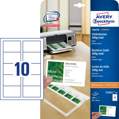 Produktbild von Avery Zweckform C32011-10 Superior Visitenkarten, 85 x 54 mm, einseitig beschichtet - matt, 10 Blatt