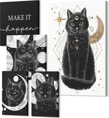 Obrázok produktu pre Zostava Obrazov Na Plátne – Polycanvas – Moderné Nástenné Umenie – Obrazy Do Spálne – Sada Obrazov – Minimalistické Obrazy – Tip Na Darček – 2x 30x30 cm + 2x 20x30 cm + 1x 40x60 cm – Čierne boho mačky s vesmírnymi motívmi