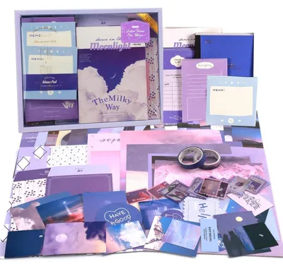 Produktbild von Scrapbook Zubehör Set 155 Teile mit A6 Notizbuch, Sticker, Washi Tape, Geschenkset Mondschein