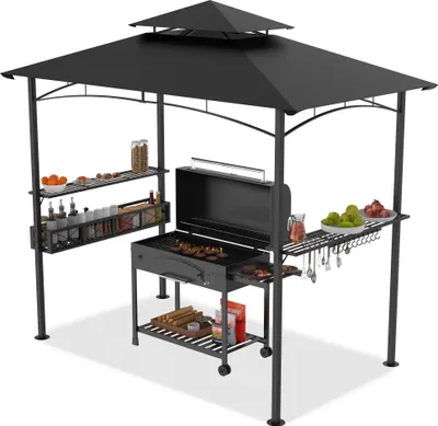 Produktbild von LZQ Grillpavillon mit Doppeldach, Seitenregalen, Metallkorb, Haken und Flaschenöffner, Grillüberdachungen wetterfest, 244 x 153 x 250 cm,Schwarz