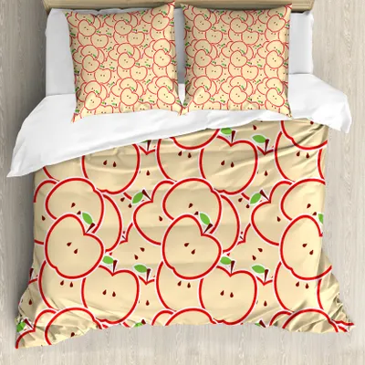 Produktbild von ABAKUHAUS Apfel Bettbezug, Bio-Essen Cartoon, Milbensicher Allergiker geeignet mit Kissenbezügen, 155 cm x 220 cm - 80 x 80 cm, Apfelgrün Beige Rot