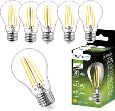 Produktbild von LUMILED 6er Set A60 E27 LED Lampen, 4W (ersetzt 40W), 470 lm Classic klares Filament, transparent Leuchtmittel, E27 Sockel 4000K tralweiß Birne Lampe, 360° Abstrahlwinkel Glühbirne Vintage Tropfen