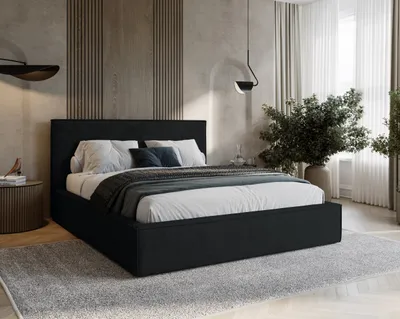 Zdjęcie produktu dla BESILIO Tapicerowane łóżko do sypialni 140x200 Zanzi - stelaż metalowy, pojemnik, ozdobna lamówka - Czarny
