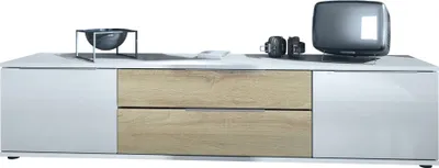Produktbild von Vladon TV Lowboard Linio V2, Fernsehtisch mit 2 Türen und 2 Schubladen – Weiß / Eiche sägerau (166,5 x 37,5 x 35 cm)