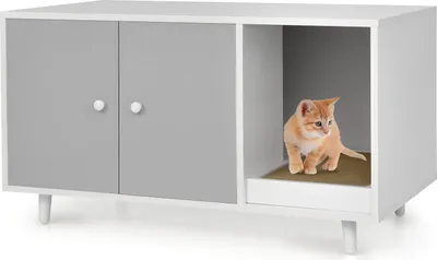 Produktbild von GOPLUS 2 in 1 Hölzernes Katzenklohaus und Beistelltisch, Haus für Katzentoilette mit Türen, Stahlbeine, abnehmbare Kratzbox, Wasser- und Kratzfest, 90x50x50cm