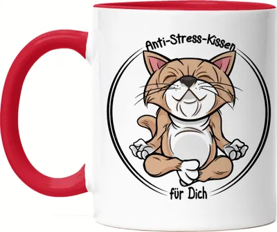 Produktbild von Anti-Stress Tasse Rot Meditation Lustig Spruch Ironie Katze Geschenk-Idee Bürokollegen Chillen Yoga