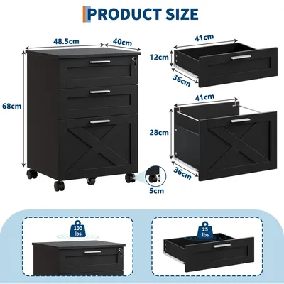 Image de Armoire métallique pour documents - Armoire de bureau avec tiroirs - 3 tiroirs verrouillables - 48,5 x 40 x 68 cm - Pour bureau et espace de travail à domicile - Noir