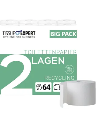 Produktbild von Toilettenpapier, 2-lagig, 64 Rollen x 250 Blatt, 100% Recycling, superweiches Klopapier, ideal für Vielverbraucher, Verpackung aus 60% PCR-Anteil