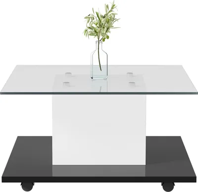 Produktbild von Fortuna Lai Quadratischer Couchtisch, glänzende Glasplatte, LED-Tisch mit Lenkrollen, Weiß+Schwarz