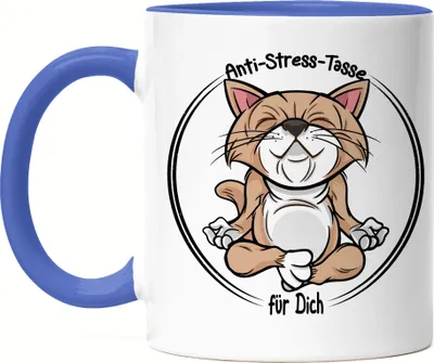 Produktbild von Anti-Stress Tasse Blau Meditation Lustig Spruch Ironie Katze Geschenk-Idee Bürokollegen Chillen Yoga