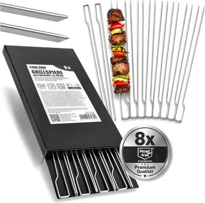 Imagen del producto de Brochetas de acero inoxidable, juego de 8 unidades, 30 cm de longitud, para carne, pescado y verduras