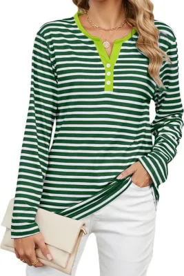 Produktbild von ASKSA Damen T-Shirt V Ausschnitt Knopf Gestreift Langarmshirts Basic Laessig Bluse Elegant Lose Oberteile (Gruen,XXL)