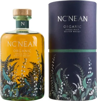 A bottle of Nc'Nean Organic Single Malt Scotch Whisky and its cylindrical packaging are displayed side-by-side against a white background.