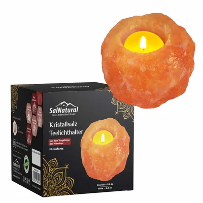 Produktbild von SalNatural 1er Pack Salzkristall Teelichthalter Rosa in Naturform Ø 8 cm Höhe 7 cm, handgearbeitetem Salzstein (bekannt als Himalaysalz)