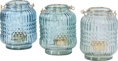 Produktbild von 3er Set Glas Windlicht Türkis Gold H13cm Transparent Teelichthalter Kerzenhalter Tischdeko Kerze Kerzenständer