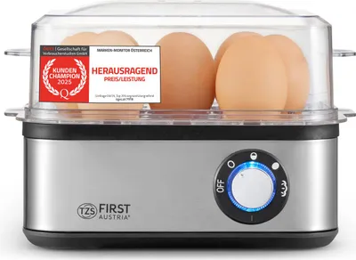 Produktbild von TZS First Austria Eierkocher, 8 Eier, 4 Kochstufen, Dampfgarfunktion, Abschaltung mit Signalton, Trockenkochschutz, Pochierschale, Kompakt
