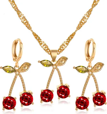 Produktbild von 1 Set Halskette Ohrring Anzug süße Edelstein Kirsche Damen einfache vielseitige Faux Kristall Halskette Zubehör
