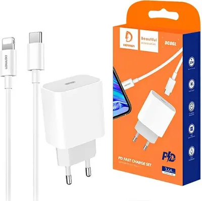 Zdjęcie produktu dla Ładowarka Sieciowa 3,6A 20W Biała Denmen + Kabel Iphone 3600Ma Dc06 Pd Typ-C Do Iphone