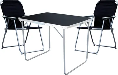 A camping table and two chairs.
