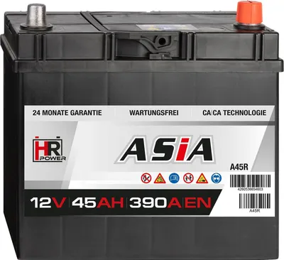 A car battery with branding and specifications visible.