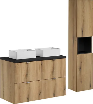 Produktbild von Badmöbel Set 2-teilig, 100cm Doppelwaschtisch, in Eiche und schwarz, NEWPORT-56-OAK