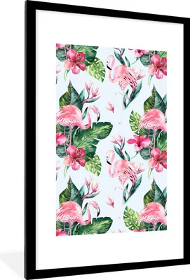 Produktbild von MuchoWow® MuchoWow® Gerahmtes Poster Muster - Blätter - Flamingo 60x90 cm - Poster mit zchwarzem Bilderrahmen - Dekoration - Wandposter Wohnzimmer - Hochwertig