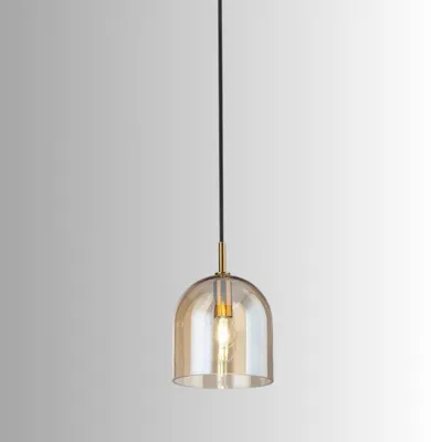 Immagine prodotto di Lampada a Sospensione in Vetro Ambra 16 cm, Montatura Oro Spazzolato, Attacco E14, Cavo in Tessuto Nero per Interni Moderni - Perenz
