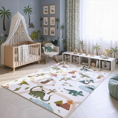 Produktbild von SIMPEX Kinderteppich Dinosaurier Spielteppich für Kinderzimmer Dinomotiv fördert Kreativität und Lernen Größe: 200x290 cm , Farbe: Creme-1
