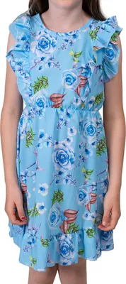 Produktbild von KMISSO Mädchen Volant Kleid schwingender Rock Rosenmotiv Blau 116