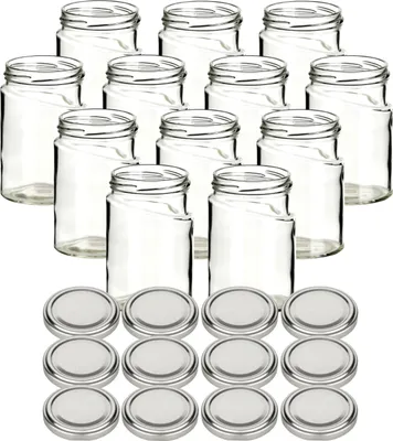 Produktbild von gouveo 12er Set Einmachgläser 314 ml Skew mit Schraubdeckel silberfarben - Leere Vorratsgläser mit Schraubverschluss für Marmelade, Honig, Gewürze